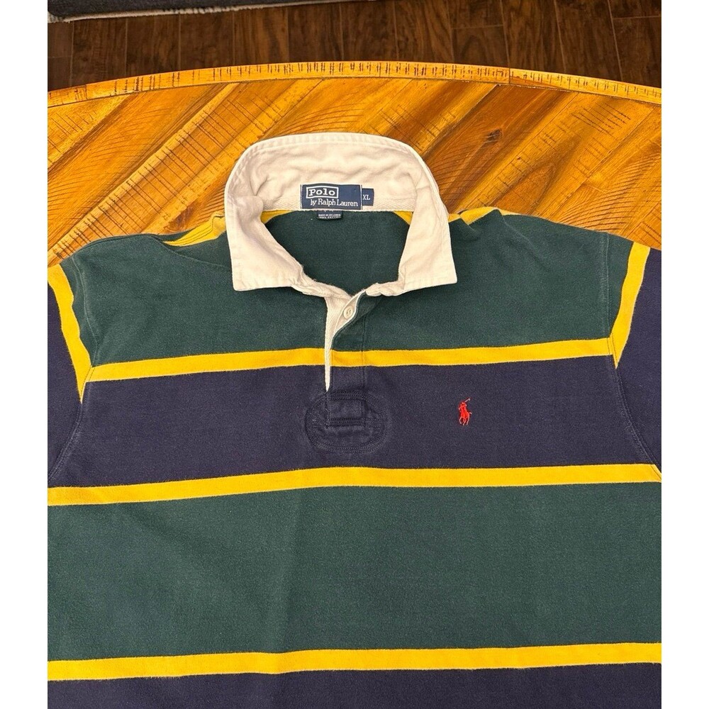 Vintage Polo Ralph Lauren Rugby Shirt Men’s XL Green Navy Gold Striped Preppy